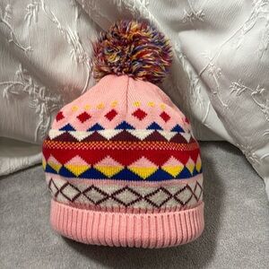 Hanna Andersson hat girls  Pom pom hat winter beanie pink with print
